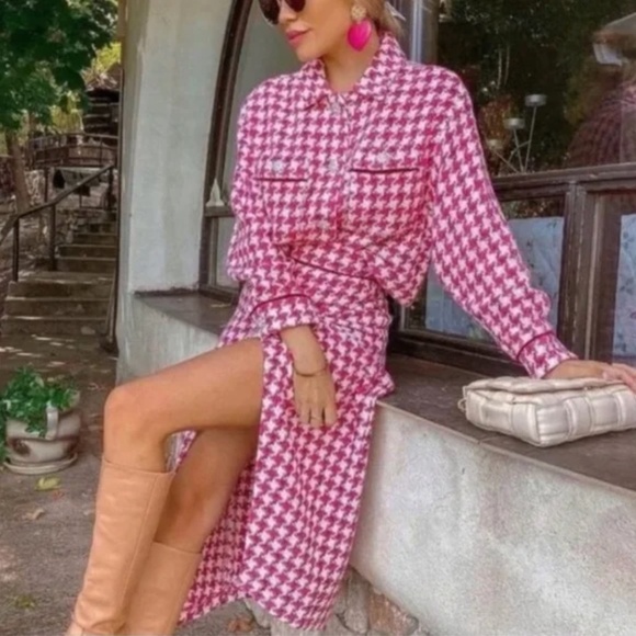 ZARA 2 PIECES TWEED SKIRT SUIT HOUNDSTOOTH PINK NWT
